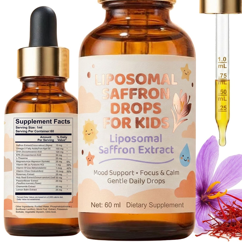 Liposomal Saffron Supplements for Kids, 60ml Organic Saffron Extract Drops with Magnesium & L-Theanine for Focus, Attention & Cognitive Health, Supports Emotional Balance, Alcohol Free Vegan Liquid