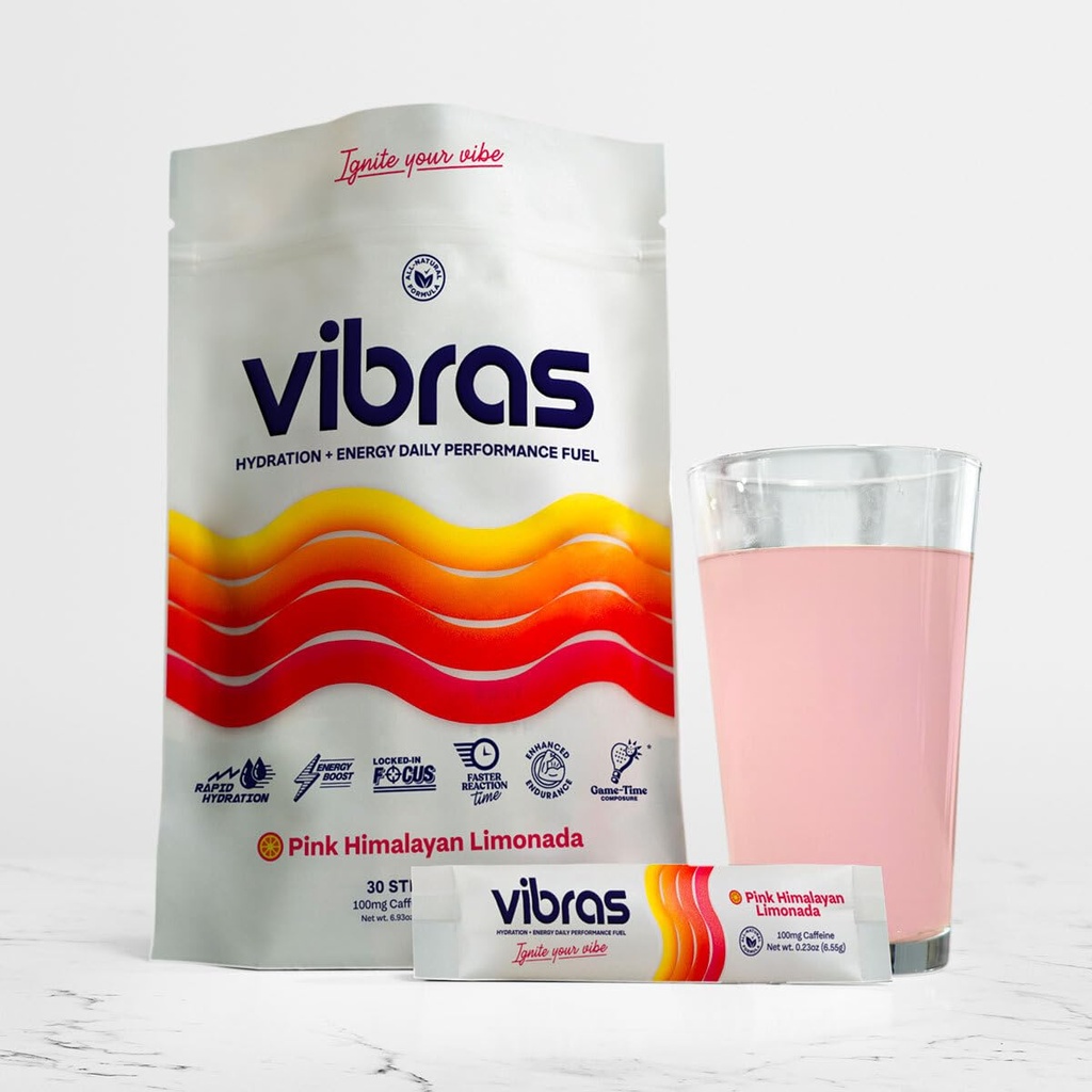 Vibras Pink Himalayan Lemonade Hydration + Energy Daily Performance Fuel, 30 Stick Packs, 100mg Caffeine, Electrolyte Drink Mix for Sports, Focus, Endurance
