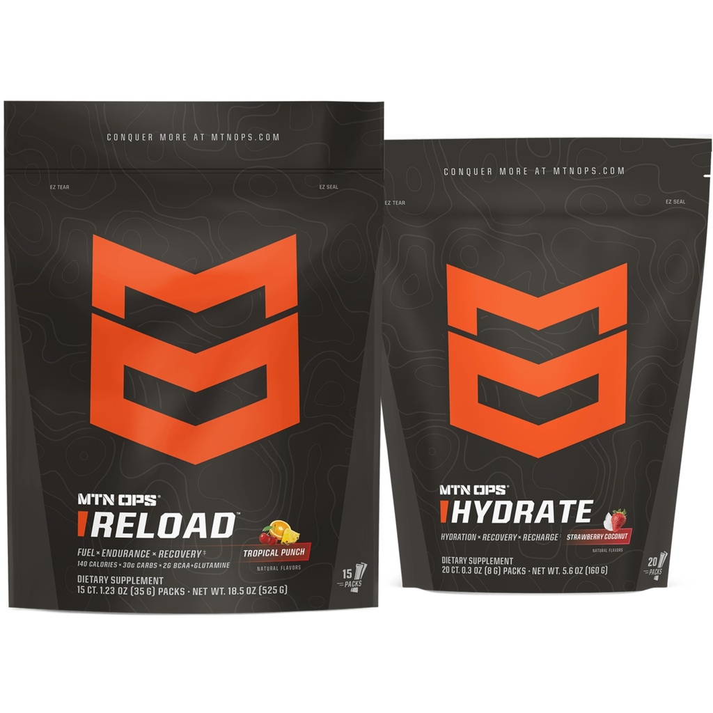 MTN OPS Reload + Hydrate Bundle, Carb Fuel & Electrolyte Hydration Powder, Fruit Punch + Strawberry Coconut