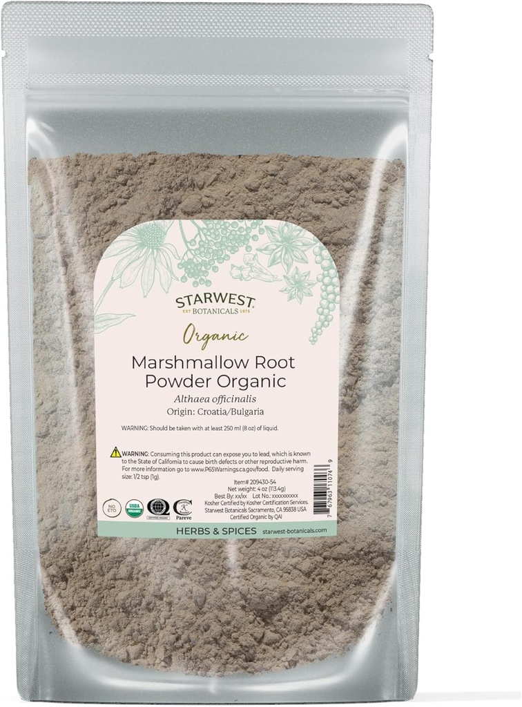 Starwest Botanicals Organic Marshmallow Root Powder - Dried Herb for Tea, Capsules, & Herbal Blends, Certified Kosher, Non-GMO - 4 oz Pouch