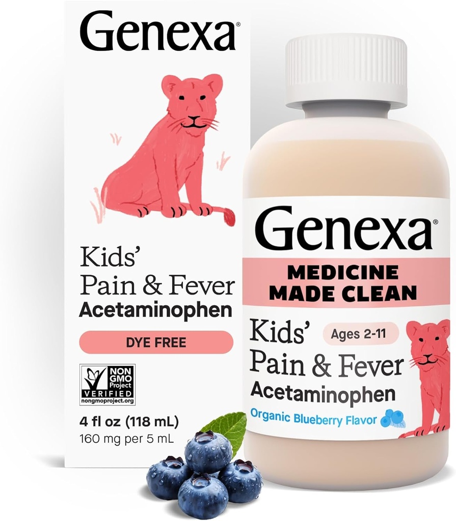 Genexa Children's Clean Acetaminophen | Pediatrician Preferred Ingredients | Pain & Fever Reducer for Kids | Dye Free, 0% Artificial Additives | Ages 2-11, Delicious Organic Blueberry Liquid, 4 fl oz