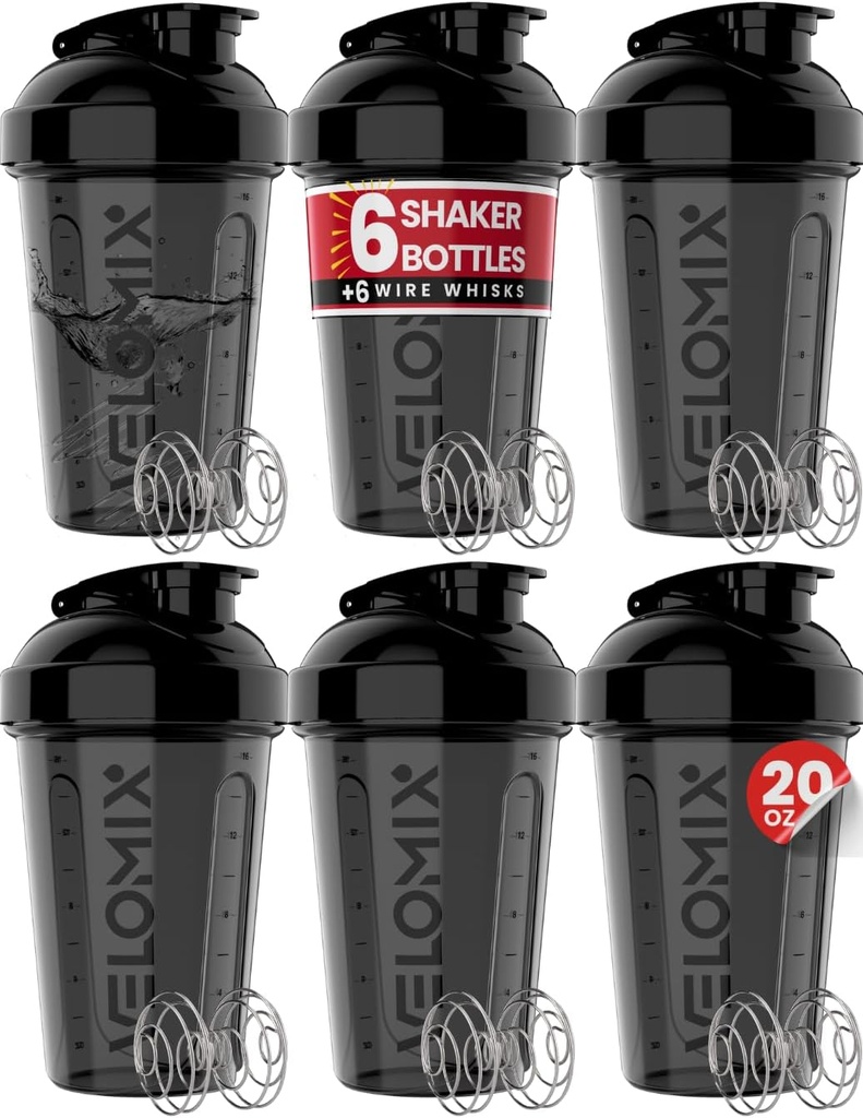 -6 PACK- Shaker Cups for Protein Shakes 20 oz - 6x Wire Whisk | Leak Proof Protein Shaker Bottle for Protein Shakes, Shaker Bottle Pack for Pre & Post Workout, Shaker Cup (ALL IN BLACK)