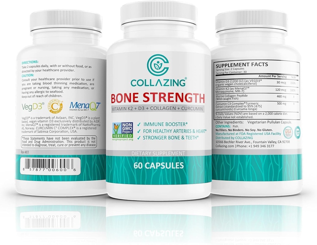 Bone Strength - Vitamin D3 + K2 Supplement with Collagen & Curcumin - Supports Bone, Heart, Joint Health & Immune Function - High Absorption Formula - 60 Capsules