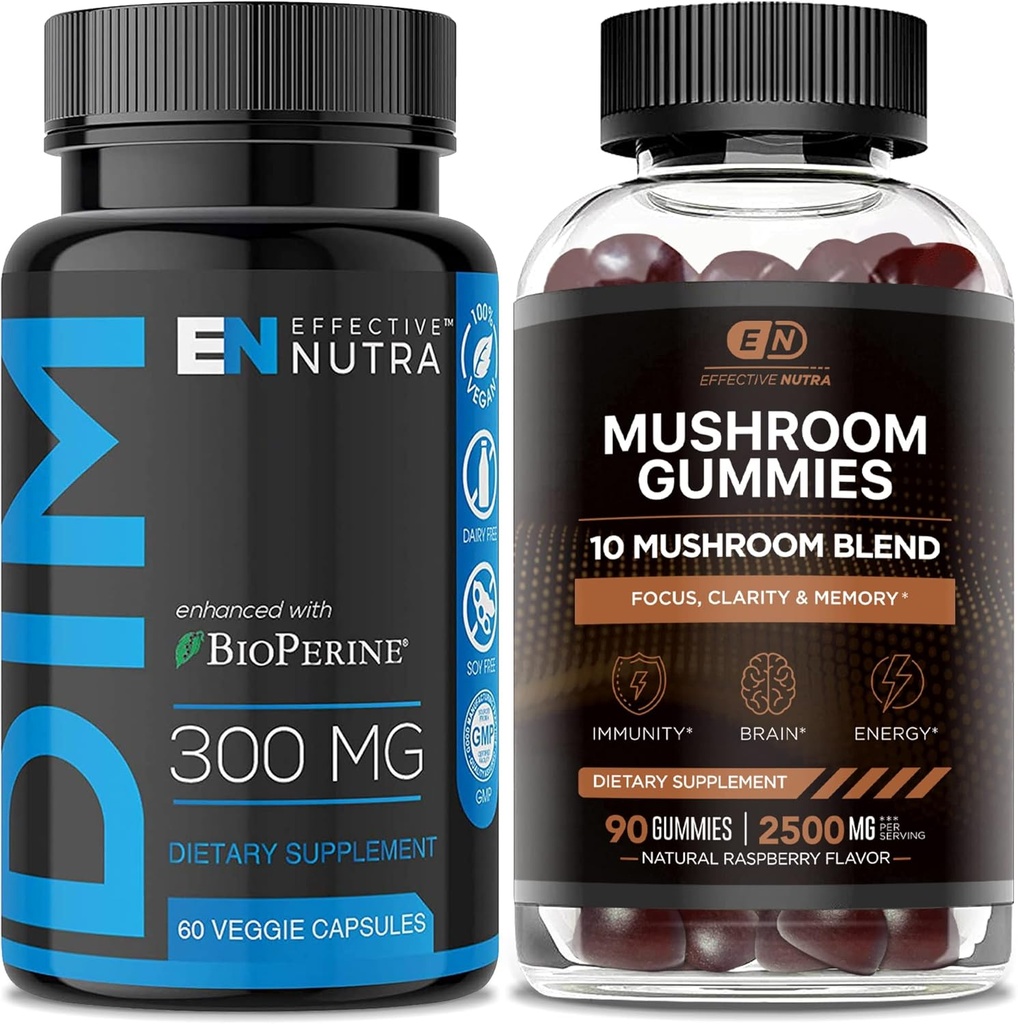 DIM Supplement 300mg & Mushroom Gummies 2500mg - Extra Strength DIM + Mushroom Complex for Estrogen Hormone Balance, Treatment of Acne & PCOS, Immune Support & Energy