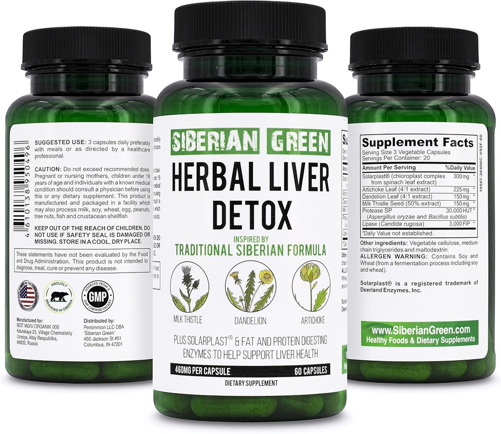 Herbal Liver Detox with Milk Thistle Artichoke Dandelion 60 Capsules – Traditional Siberian Formula Plus Enzymes to Support Liver Health