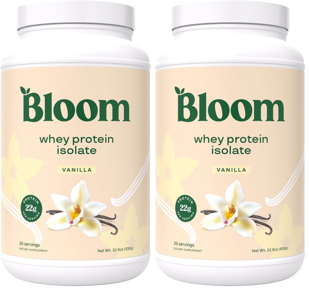 Bloom Nutrition Whey Isolate Protein Powder, Vanilla - Pure Iso Post Workout Recovery Drink Blend, Smoothie Mix with Digestive Enzymes for Gut Health - Low Carb, Keto & Zero Sugar Added (Pack of 2)
