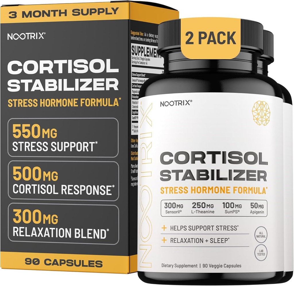 Cortisol Manager & Stabilizer Supplement | Supports Deep Sleep, Relaxation, Adrenal Health & Stress | 300mg Ashwagandha | L-Theanine, Rhodiola Rosea Extract & Apigenin | 180 Capsules