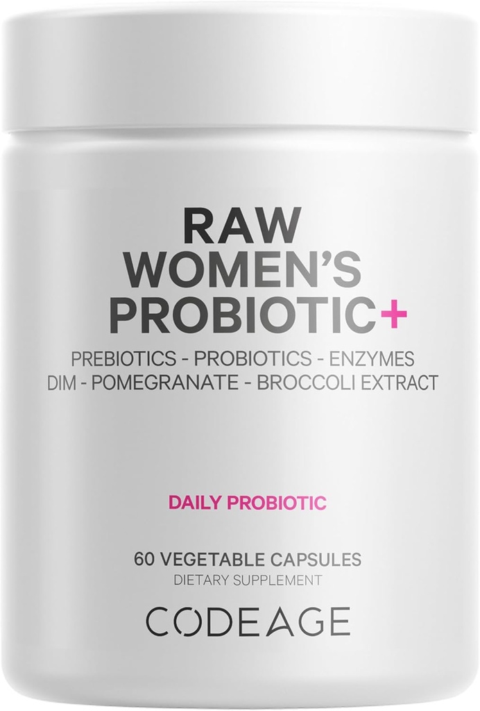 Codeage Raw Women’s Probiotic+ Supplement - 34 Probiotic Strains, 100 Billion CFUs, Digestive Enzymes, Prebiotic Blend, DIM, Herbal Extracts, Phytonutrients - Non-GMO - 30 Capsules