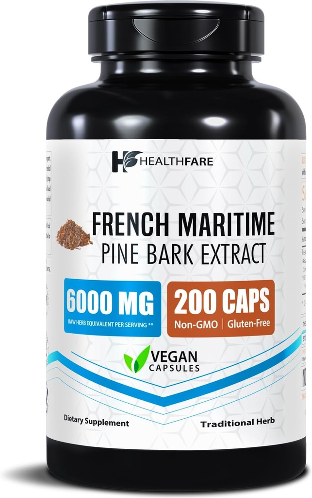 Pine Bark Extract 6000mg French Maritime | 200 Vegan Capsules | Standardized 95% OPC Proanthocyanidins | Antioxidant Herbal Supplement | Non-GMO, Gluten-Free | Made in USA