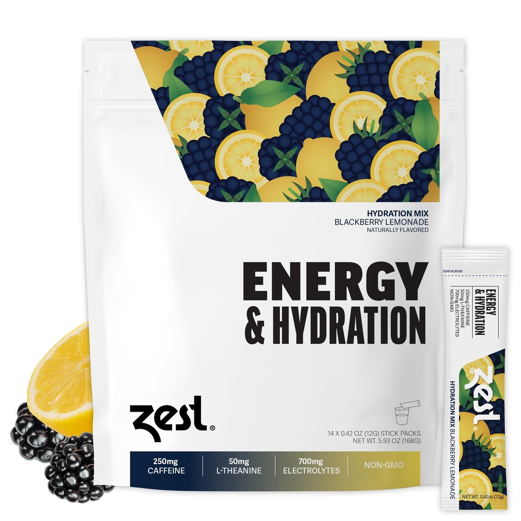 ZEST Hydration & Preworkout Energy Drink Packets – Clean Electrolyte Powder with 250mg Caffeine - 14 Energy Powder Sticks for Running & Endurance, BlackBerry Lemonade Flavor