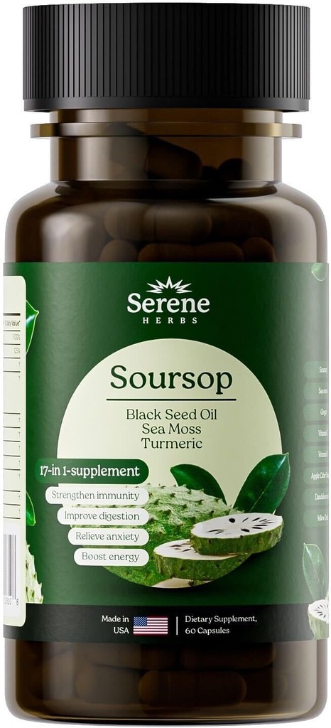 Serene Herbs 17-1 Sea Moss, Black Seed Oil 4000mg, Soursop 4000mg, Ashwagandha 2000mg, Turmeric, Vitamin C & D3, Dandelion Root, Ginger- Herbal Supplement for Immune Support & Wellness (60 Count)