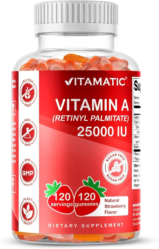 Vitamatic Sugar Free Vitamin A 25000 IU Gummies (Retinyl Palmitate) - Natural Strawberry Flavor - 120 Pectin Based Gummies (2 Bottles)