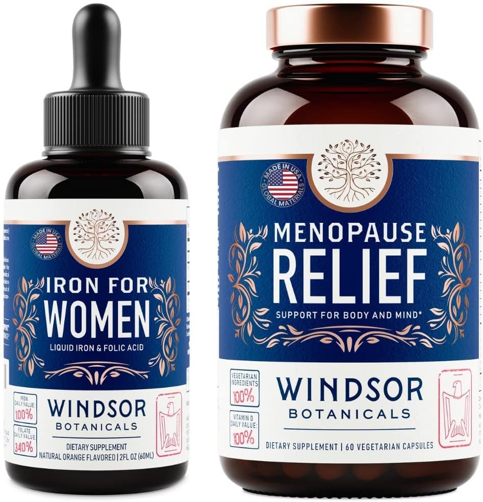 WINDSOR BOTANICALS Menopause Supplements and Liquid Iron Female Bundle