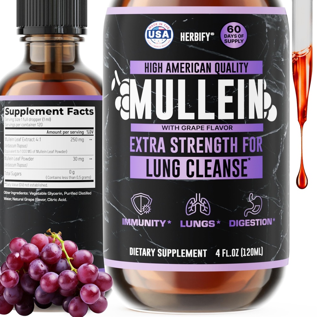 HERBIFY Mullein Drops - Lung Cleanse - Leaf Extract - Powerful Mullein for Immune Support, Detox & Respiratory Support - Made in USA - Herbal Supplements - 4 Oz Grape Flavor
