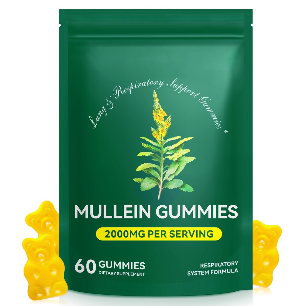60 Count Mullein Gummies for Lung, 2000mg Organic Mullein Leaf Extract for Lung and Respiratory Support, Natural Mullein Herbal Supplement, Pear Flavor Gummies