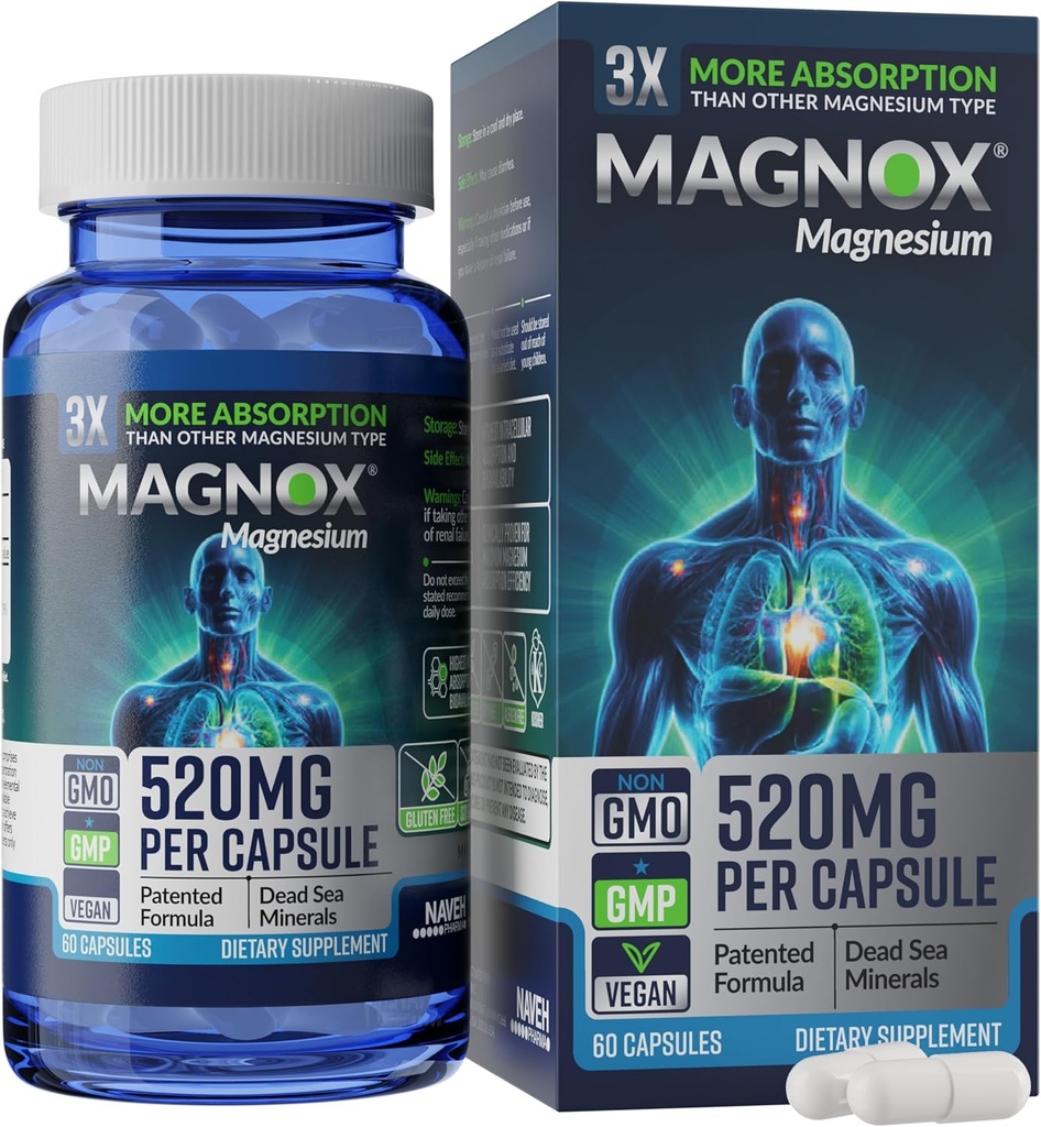 MAGNOX® 520 | Magnesium Supplement 520mg of High Absorption Magnesium for Men & Women with Dead Sea Minerals | 3X More Absorption | Patented Formula |
