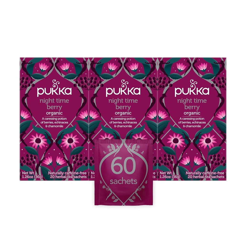 Pukka Organic Tea Bags, Night Time Berry Herbal Tea with Chamomile, Echinacea, and Elderberry, Perfect for Overnight Wellness, 20 Count (Pack of 3), 60 Tea Bags