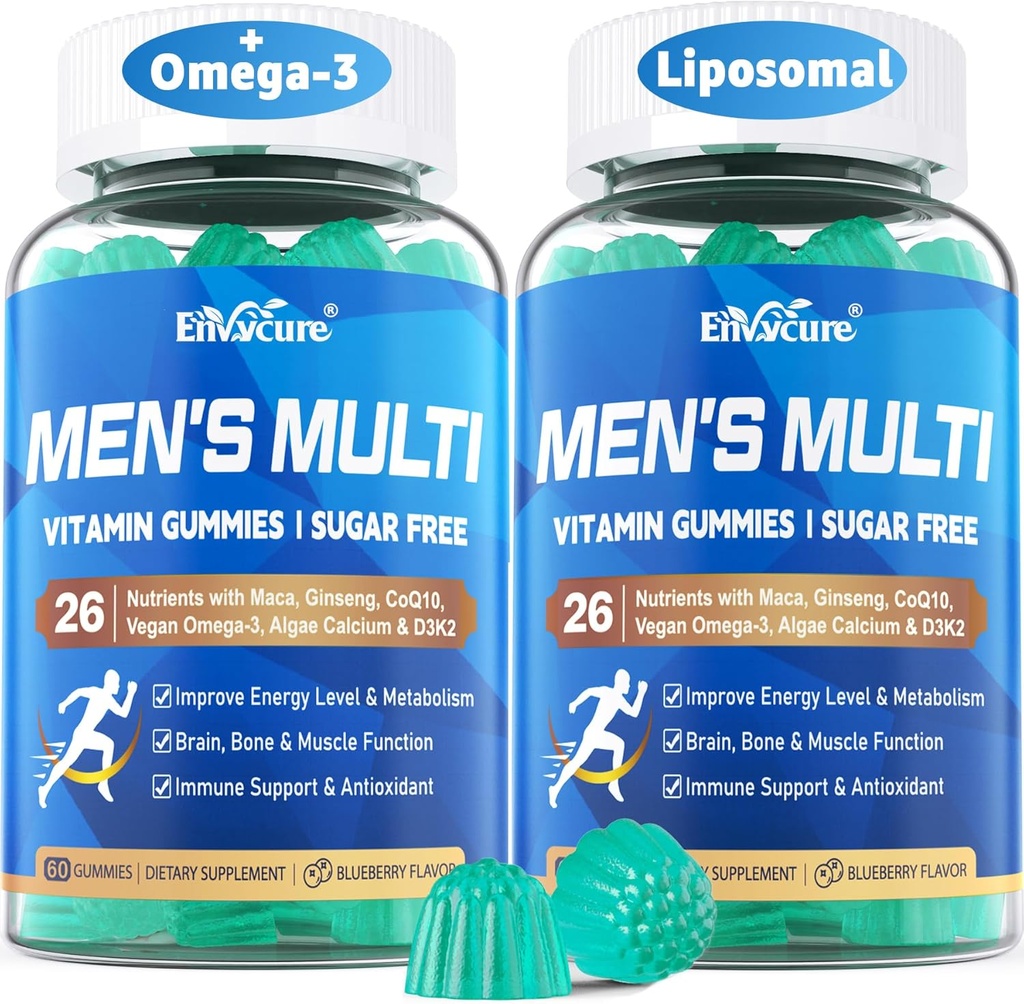 Methylated Multivitamin for Men Gummies, Vegan Omega 3, CoQ10, Zinc, Vitamin A C D3 K2 E B Complex, Calcium, Magnesium, Lycopene - Liposomal Vitamins - Energy, Immune, Bone, Brain, Sugar Free, 120 Cts