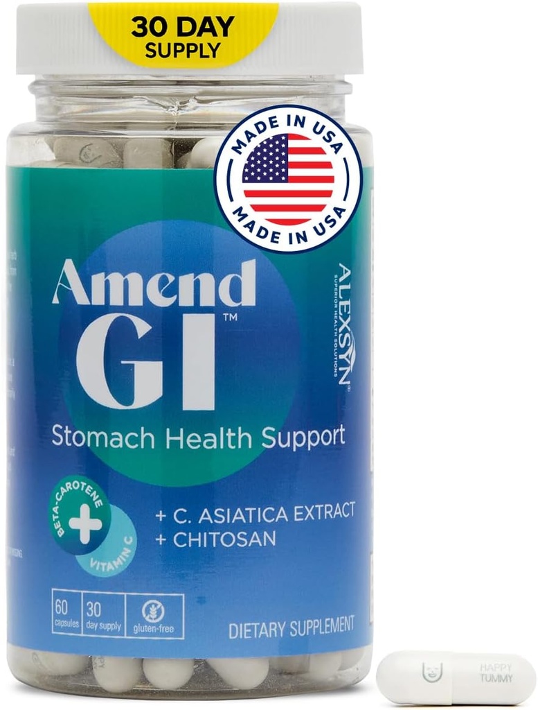 Amend GI All-Natural Stomach Health Support 60 Capsules - Nutraceutical for Stress-Induced Ulcer Symptoms - Supports Healing and Digestive Health with Asiatica Extract & CM Chitosan