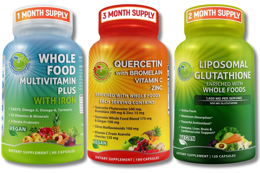 Immune & Whole Body Wellness Bundle – Quercetin with Bromelain + Whole Food Multivitamin with Iron + Liposomal Glutathione 500mg – Antioxidant, Respiratory & Immune Support – Vegan, Non-GMO