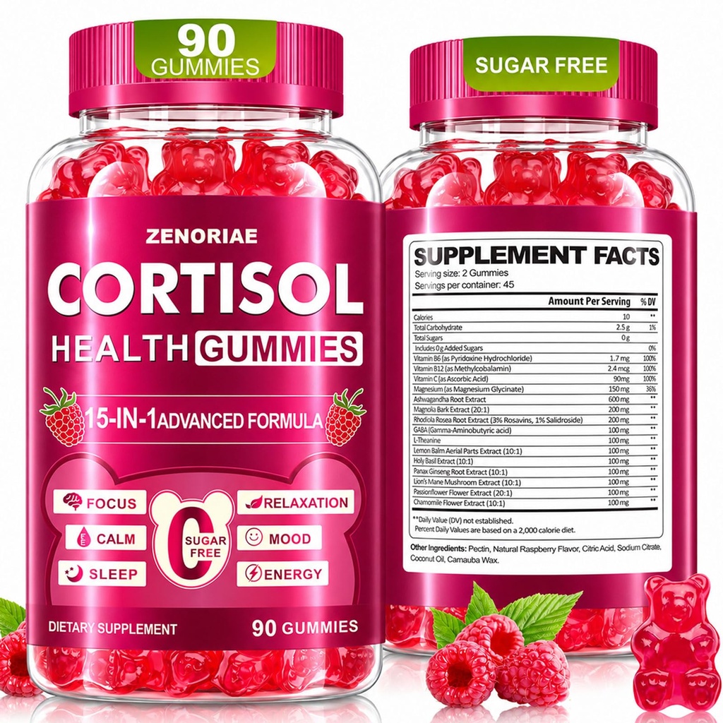 Cortisol Supplements for Women & Men, Sugar Free 15-in-1 Cortisol Gummies, with Magnesium, Ashwagandha, L-Theanine & Rhodiola, Stress, Mood & Focus Support, Vegan, 90 Count