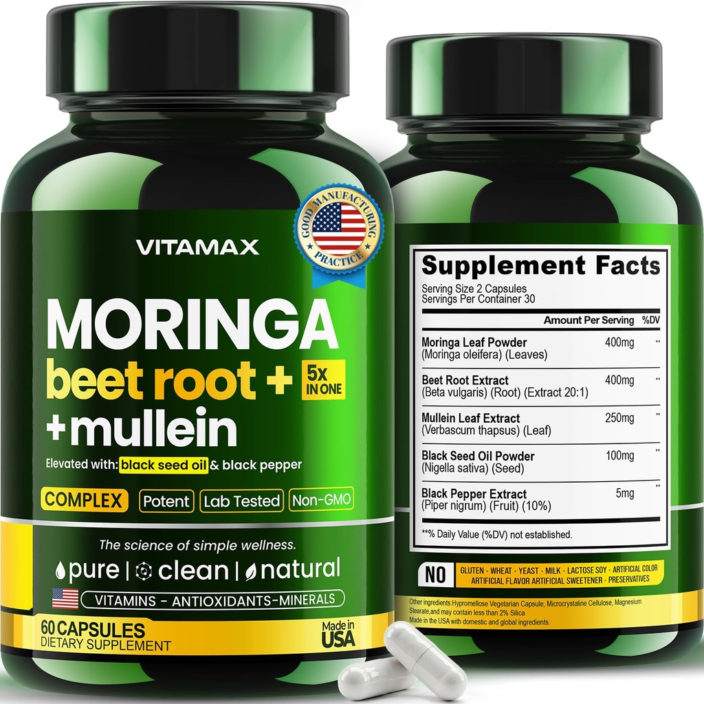 Moringa Capsules, Beet Root, Mullein Leaf - Energy, Skin, Immune Supplement Superfood, Rich in Antioxidants, Minerals & Essential Vitamins - High Absorption Non-GMO - Made in USA - 60ct