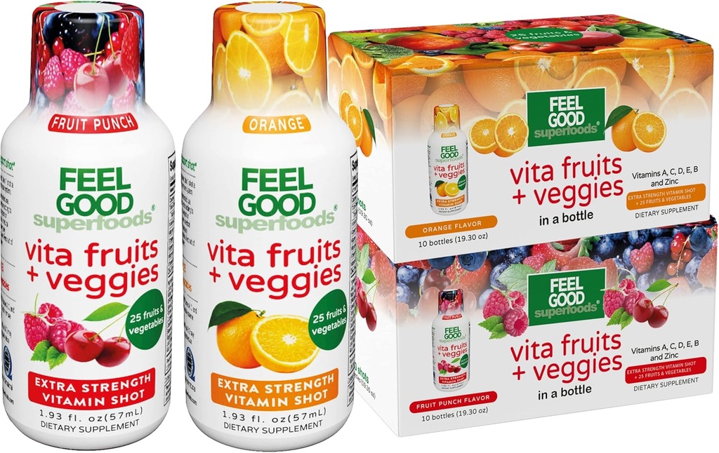 Vita Fruits and Veggies Immune Support Shot Supplements, 25 Organic Fruits and Veggies, Ready to Drink Immunity Booster, Orange and Fruit Punch Flavor, Combo Pack of 20