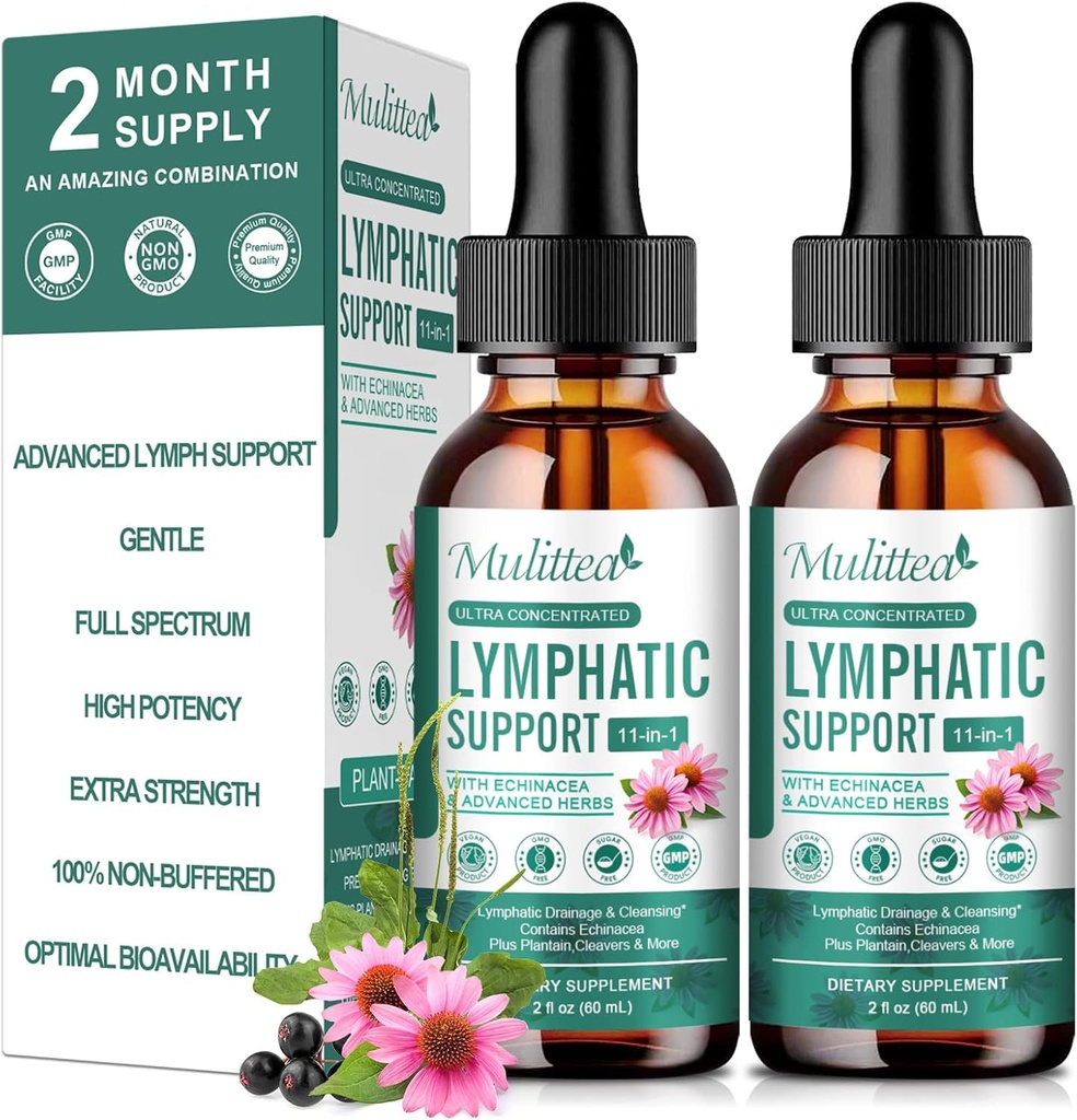 Lymphatic Drainage Drops-Vegan 11-in-1 Lymphatic Drainage Supplements-Lymph System Support with Echinacea,Cleavers,Elderberry-Detox Cleanse-Non-GMO -2 fl oz-60 Servings-2 Pack