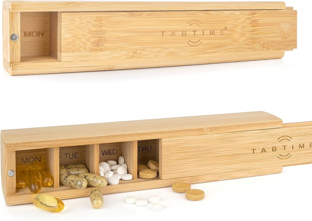 Bamboo Weekly Pill Organizer - 7 Day Wood Tablet Box - Ideal Aesthetic Pill Organizer for Vitamins or Supplements​