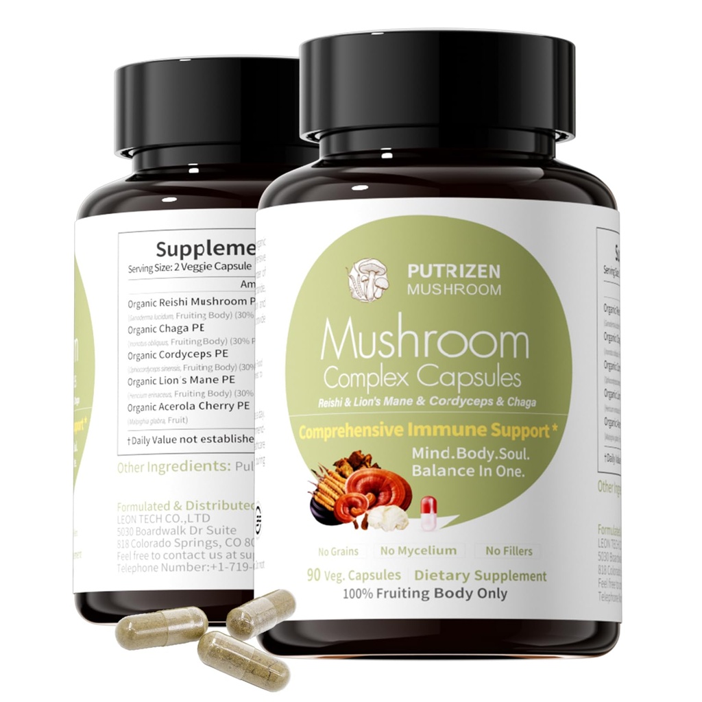 High-Efficiency Mushroom Complex Supplement: 90 Capsules, 4-in-1 Energy-Supporting Brain Supplements, for Stress Relief, Enhanced Focus