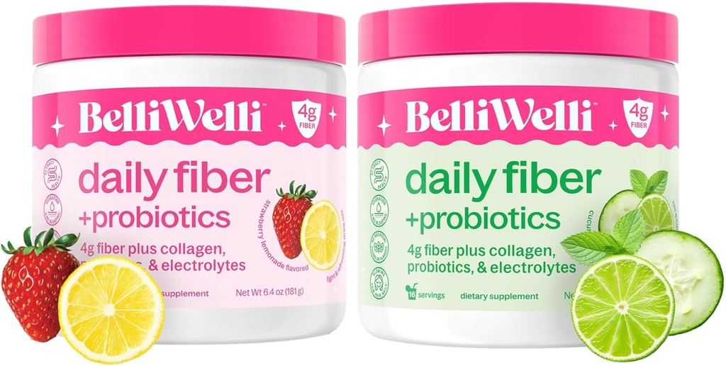 Daily Fiber Supplement Duo - Strawberry Lemonade & Cucumber Lime Mint - with Collagen, Probiotics & Electrolytes - Refreshing Flavors for Balanced Wellness - 32 Total Servings