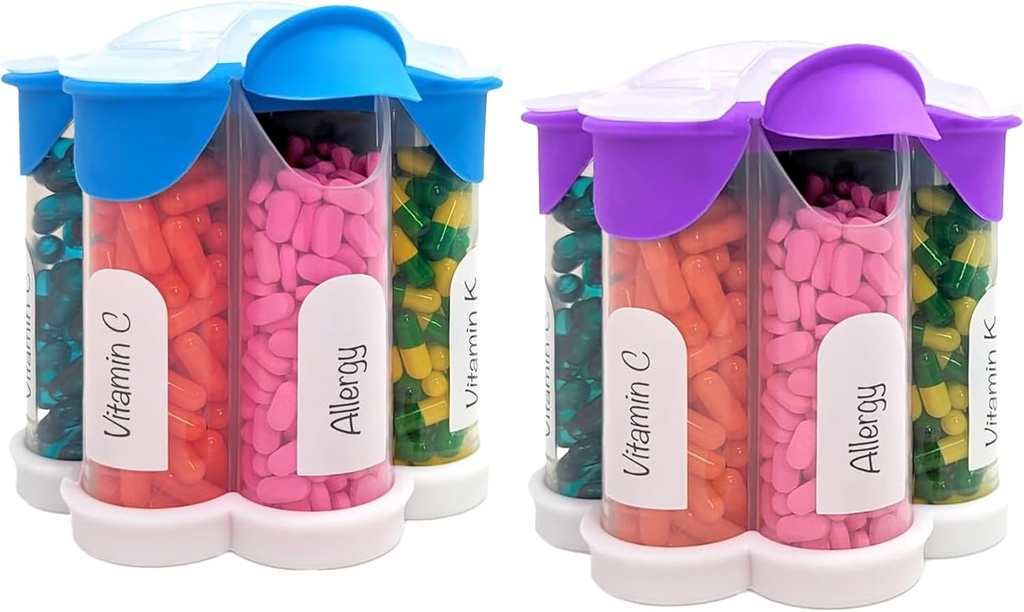 Extra Large Pill Organizer Daily, Weekly, Monthly Supplement Bottle, Cute Blossom Pill Dispenser with 7 XL Compartments (2 Pack Combo) (Light Blue and Purple)