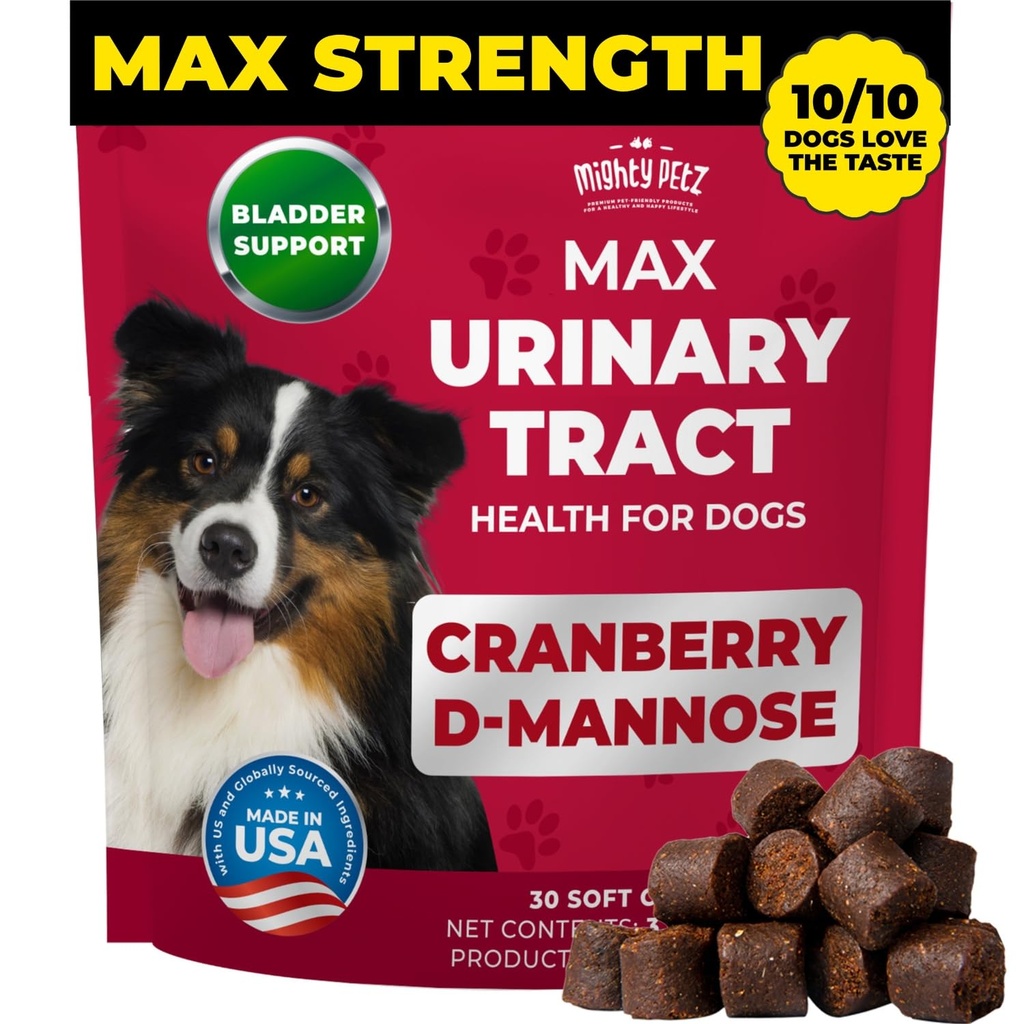 MAX Cranberry for Dog UTI Treatment - MAX Strength Cranberry Supplement for Dogs + D-Mannose. Bladder Control for Dogs. Urinary Tract Care & Kidney Support Chews