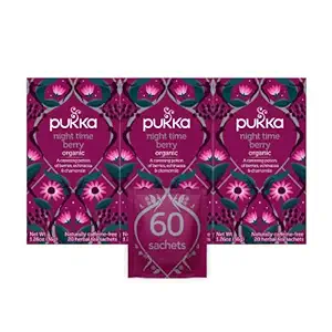 Pukka Organic Tea Bags, Night Time Berry Herbal Tea with Chamomile, Echinacea, and Elderberry, Perfect for Overnight Wellness, 20 Count (Pack of 3), 60 Tea Bags