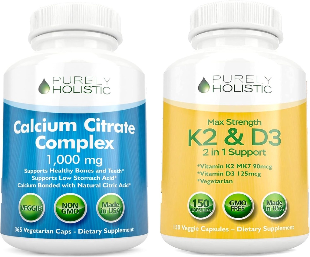 Purely Holistic Calcium Citrate Complex 1000mg + Vitamin D3 125mcg K2 MK7 90mcg - 365 Vegan Capsules + 150 Vegetarian Capsules Bundle - Made in USA