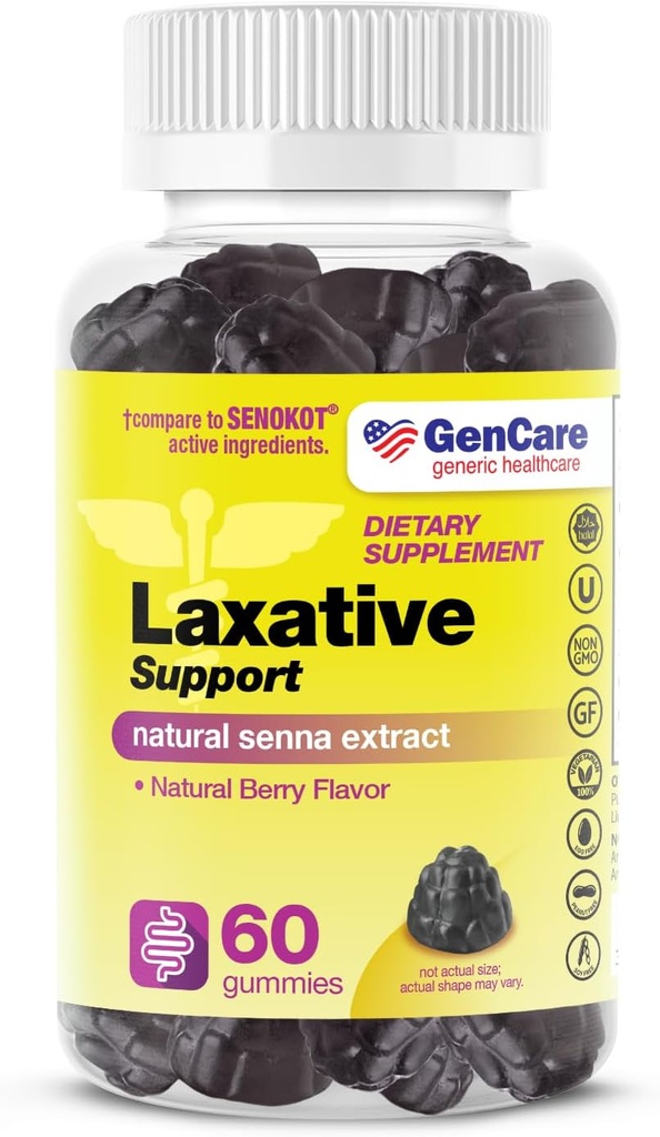 GenCare - Laxative Support Gummies with Natural Senna Extract (60 Gummies) - Gentle Overnight Relief of Occasional Constipation for Adults and Children 6 and Older - Non GMO Vegetable Laxative