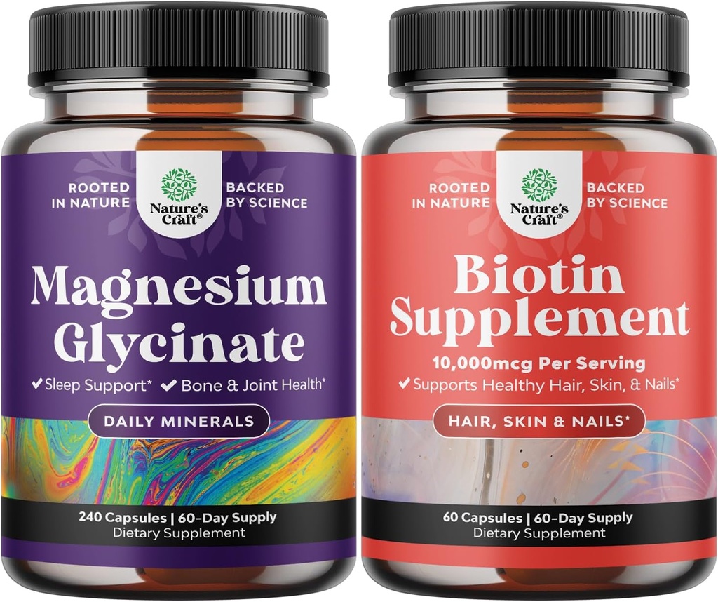 Bundle of Pure Magnesium Glycinate 400mg Per Serving for Mood Sleep and Relaxation 240ct and Pure Biotin Pills for Women Men - Stop Hair Loss Thinning Natural Supplement