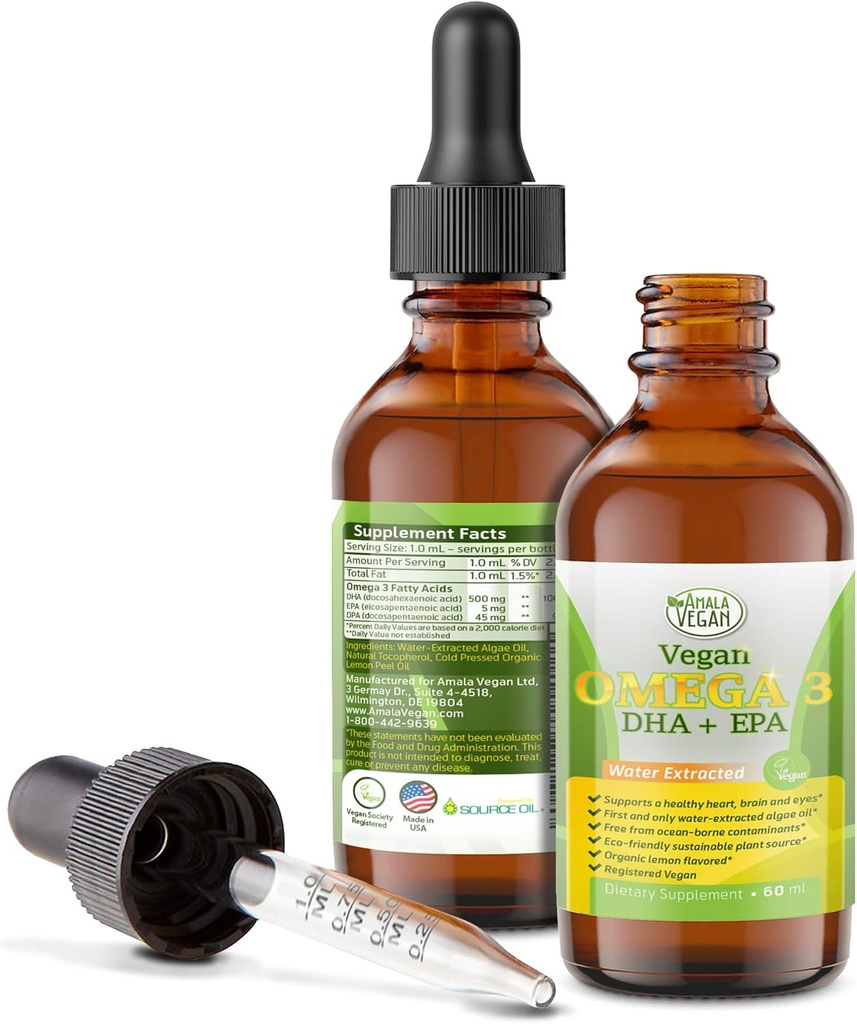 Potent & Organic Vegan Omega 3 Liquid Supplement: Better Than Fish Oil! Plant Based Water Extracted Algae Oil- DHA EPA DPA Fatty Acids- Non GMO- Supports Immune, Heart, Brain & Joint Health-60 Doses