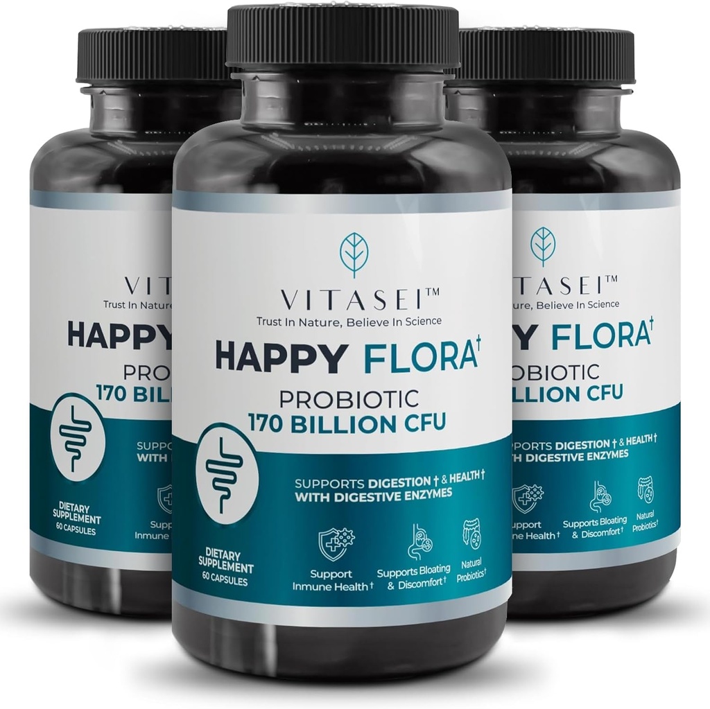 Happy Flora, Probiotic Supplement 170 Billion CFU for a Healthy Gut Health with enzymes for Digestion, probiotics for Women and Men, 3 Bottle - 180 Capsules
