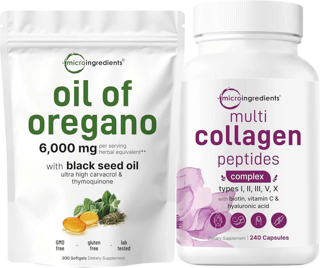 [BRSRAADQCENAMAYY] Micro Ingredients Oil of Oregano Softgels 6,000mg Per Serving & Multi Collagen Complex Bundle Pack | 4X Strength Carvacrol & Thymoquinon | Grass-Fed Collagen Peptides
