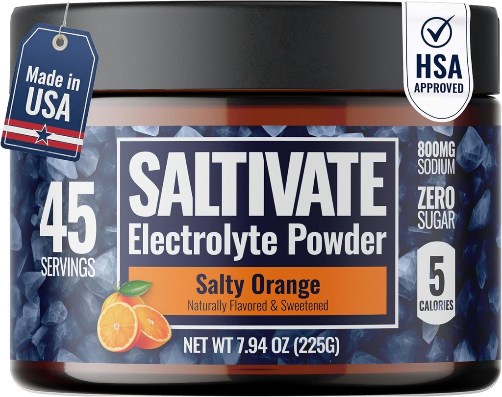 Zero Sugar Electrolyte Powder | Salty Orange Hydration | 45 Servings Bulk Jar | High Sodium Potassium Magnesium Electrolytes | No Sugar No Carbs, with Stevia - for Sweat, Keto, POTS, Fasting