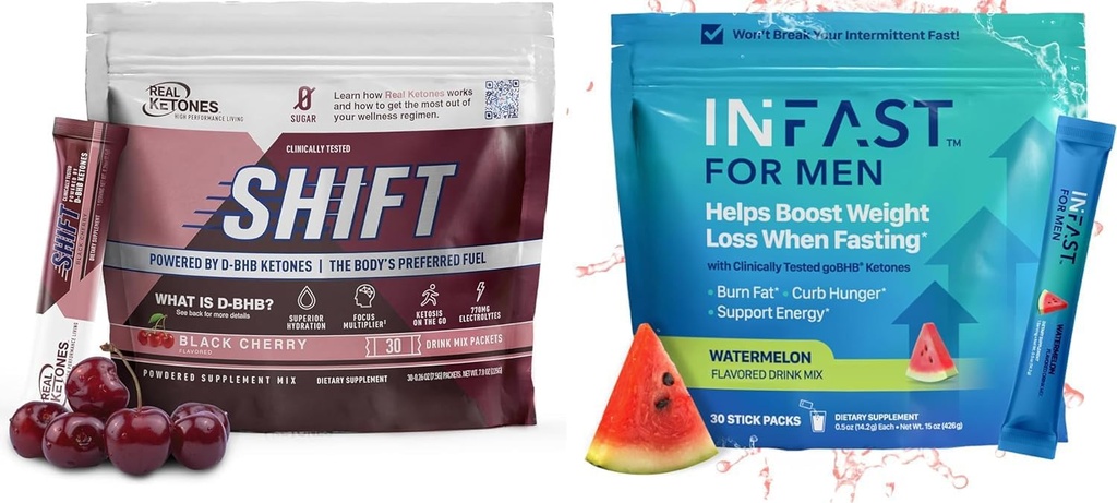 Real Ketones Intermittent Fasting Drink Mix Bundle for Weight Loss Support Black Cherry Shift Electrolytes & Intermittent Fasting Electrolytes for Men with BHB Exogenous Ketones (30 Count Each)