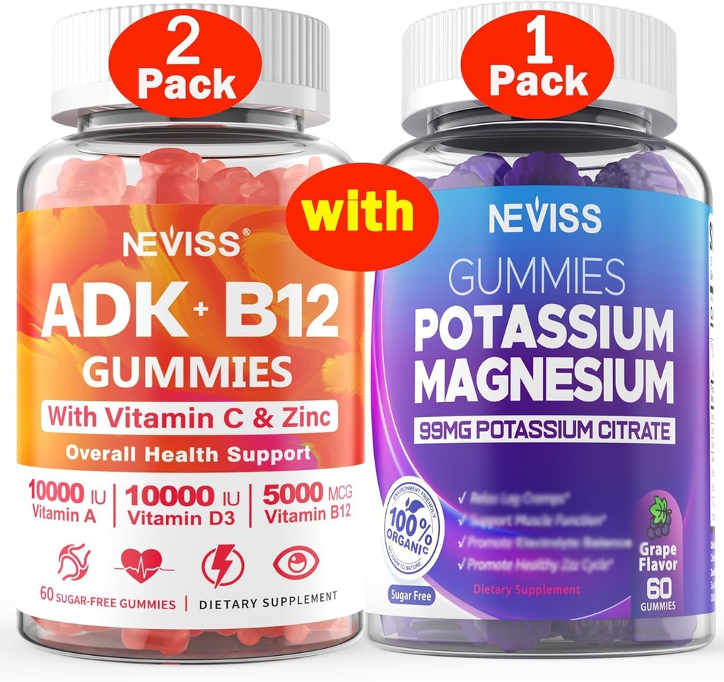 NEVISS 2Pack Vitamin ADK with B12 + 1Pack Potassium Magnesium Gummies