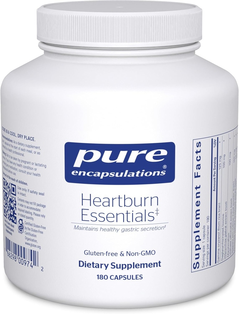 Pure Encapsulations Heartburn Essentials - Dietary Supplement Helps Decrease Occurrences of Occasional Heartburn & Indigestion - with Slippery Elm Bark - 180 Capsules