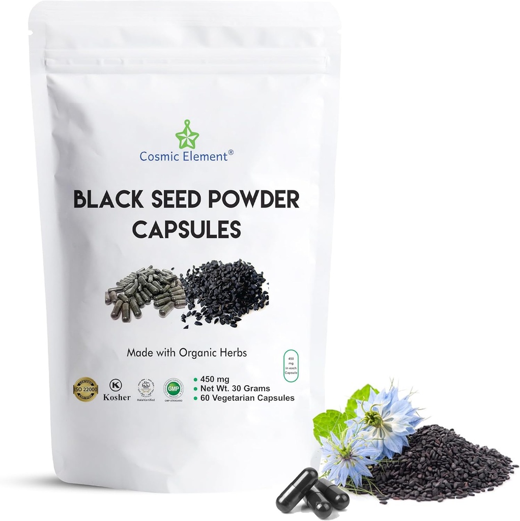 100% Pure Black Seed Powder Capsules Organic - Vegan Nigella Sativa 450mg Black Cumin Seeds per Serving- for Health - 60 Capsules