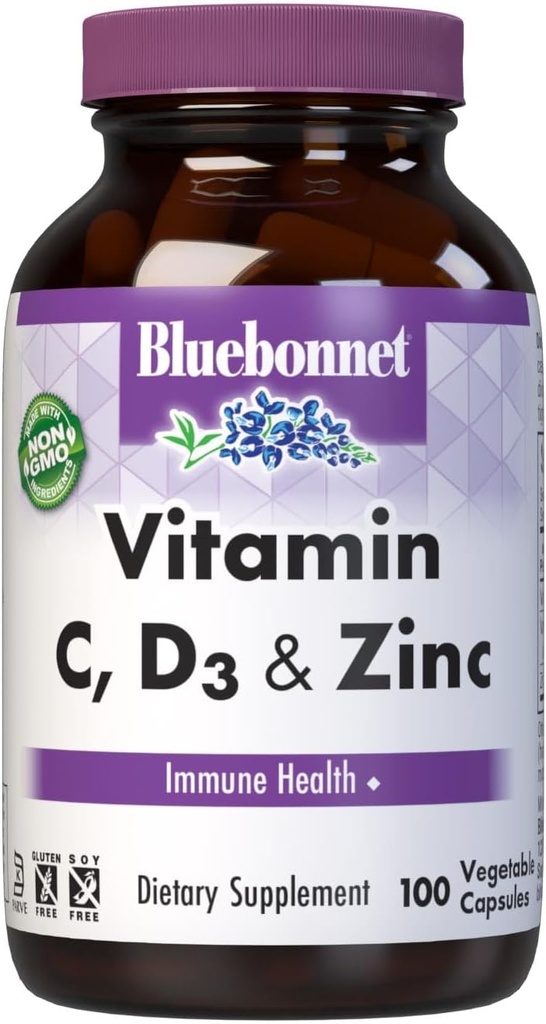 Bluebonnet Nutrition Vitamin C, D3 & Zinc, for Immune Health and Respiratory Function*, Soy-Free, Gluten-Free, Non-GMO, Kosher Certified, Dairy-Free, 100 Vegetable Capsules, 100 Servings