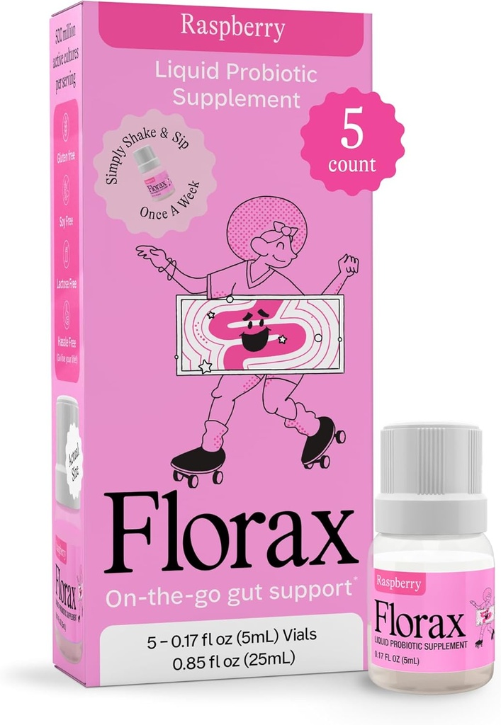 Florax - Liquid Probiotic - On-The-go Gut Support for Women, Men, and Children - Vegan, Gluten Free, Lactose Free, Soy Free and Preservative Free - Raspberry Flavor - 5 Vials