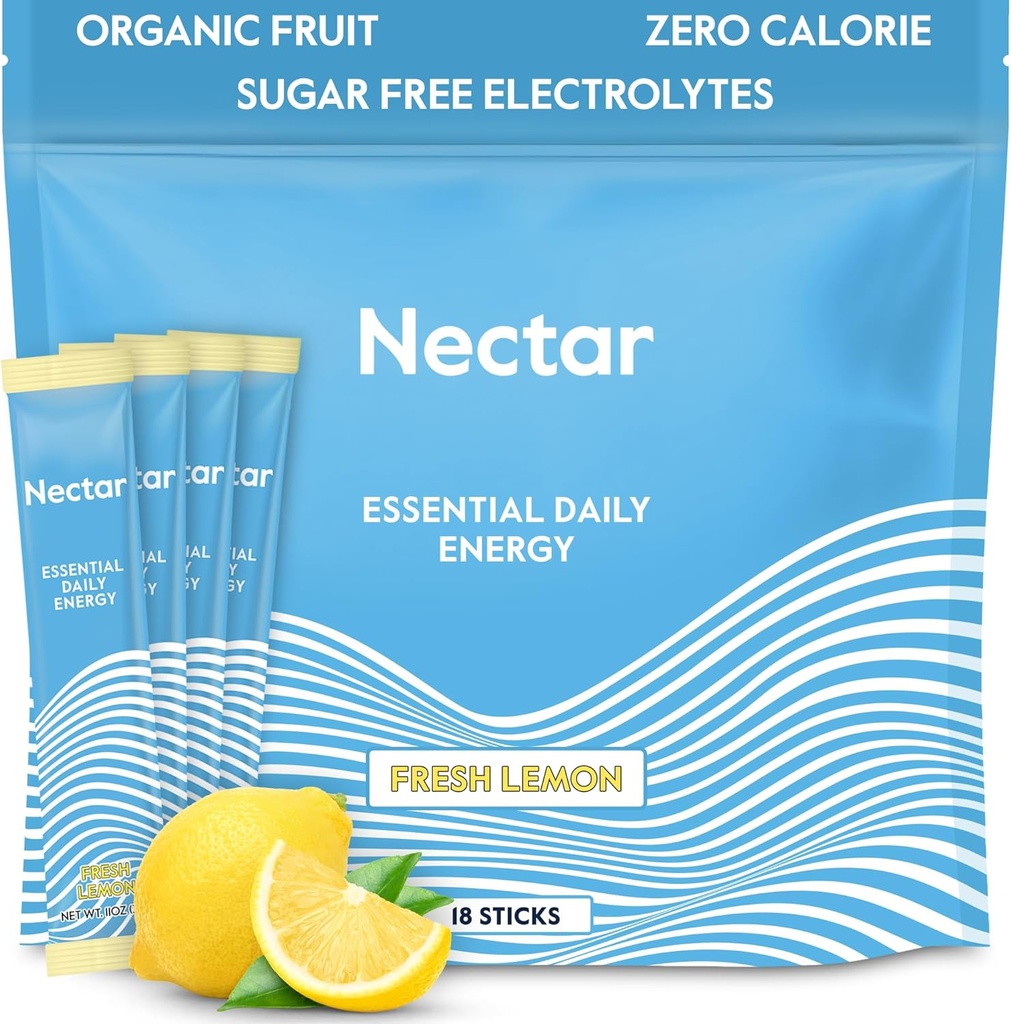 Nectar Energy Booster - Organic Caffeine, B12 & Electrolytes - Sugar Free & Zero Calorie – Healthy Coffee, Energy Drink & Soda Alternative – Hydration & Energy Supplement (Lemon 18 Powder Packets)