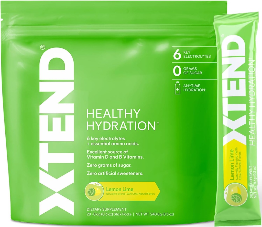 XTEND Healthy Hydration | Superior Hydration Powder Packets | Electrolyte Drink Mix | 3 Essential Amino Acids | NSF Certified for Sport | 28 Sticks, Lemon Lime