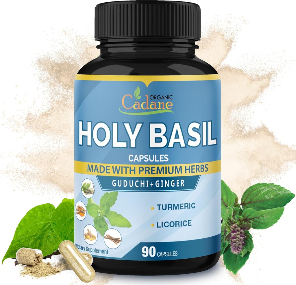 Organic Cadane Holy Basil Supplements Capsules, 5in1 with Guduchi, Ginger, Turmeric Curcumin, Licorice - Support Immune - 90 Capsules for 3 Months